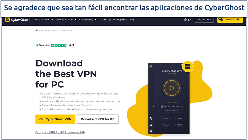 Screenshot of CyberGhost's download page highlighting where to find the Windows app 