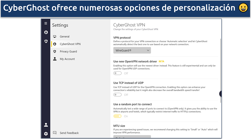 Screenshot showing CyberGhost's Windows UI and displaying the CyberGhost VPN Settings options