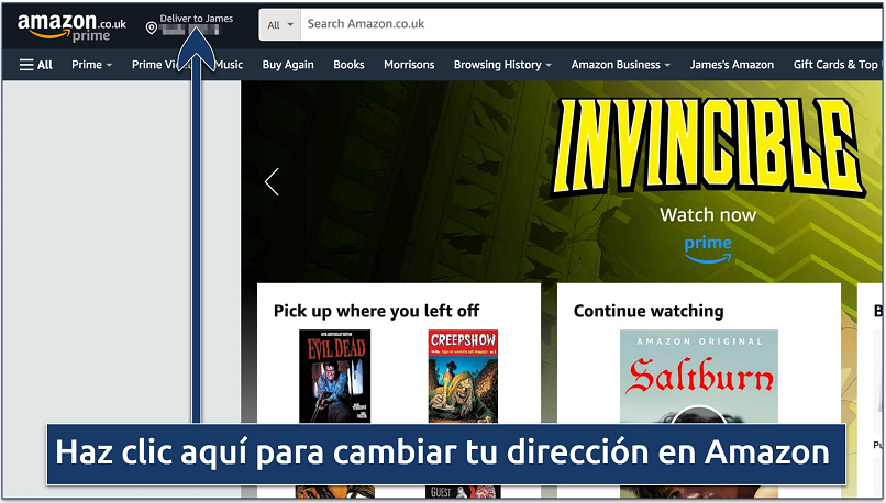 Captura de pantalla que muestra cómo cambiar tu dirección en Amazon