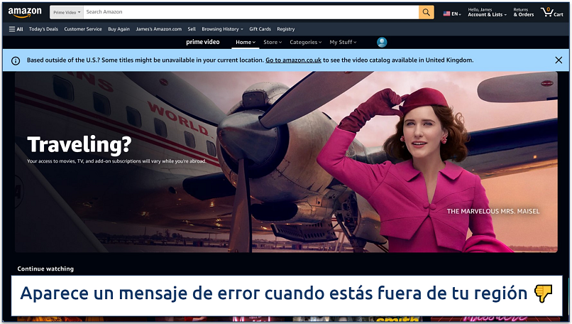 Captura de pantalla que muestra la pantalla de error cuando estás fuera de tu región habitual de Amazon