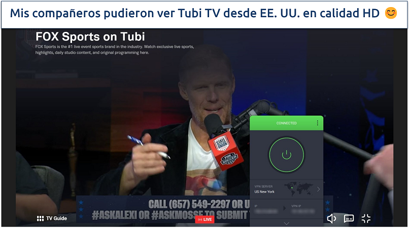 A screenshot of Tubi TV live FOX Sports while connected to Private Internet Access's US server