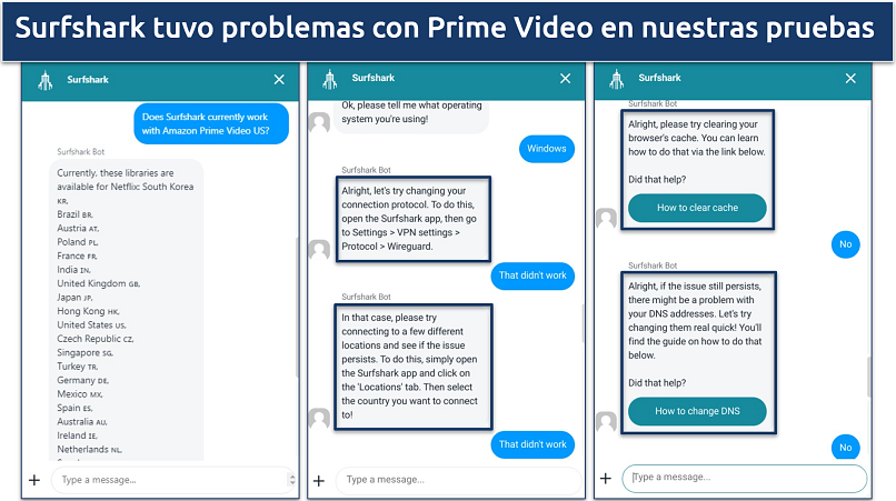 Captura de pantalla del chat de asistencia de Surfshark dando consejos de resolución de problemas para conseguir que la VPN funcionara con Amazon Prime Video