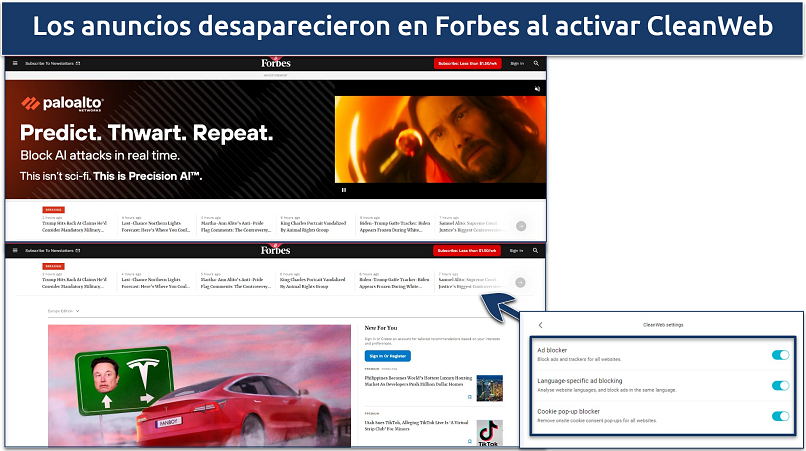 Captura de pantalla de CleanWeb de Surfshark en funcionamiento y bloqueando anuncios en Forbes