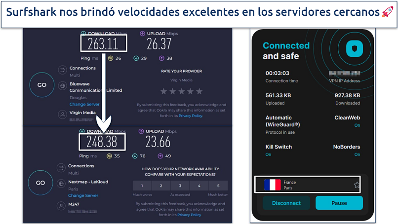 Captura de pantalla de los resultados de la prueba de velocidad al conectarse al servidor de Surfshark en París, Francia