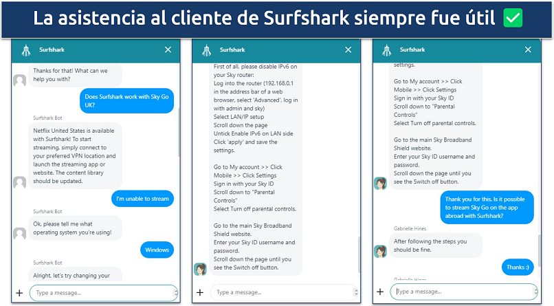 Captura de pantalla que muestra la conversación con el chatbot y el agente de asistencia al cliente de Surfshark