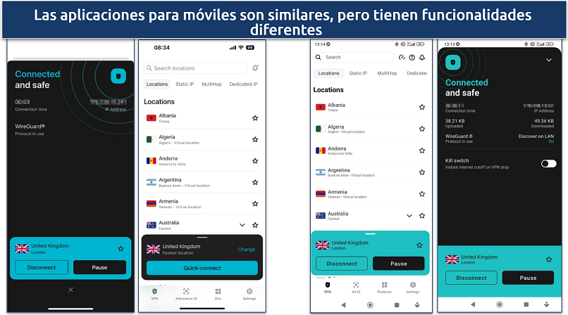 Capturas de pantalla que comparan las aplicaciones de Surfshark para iOS y Android