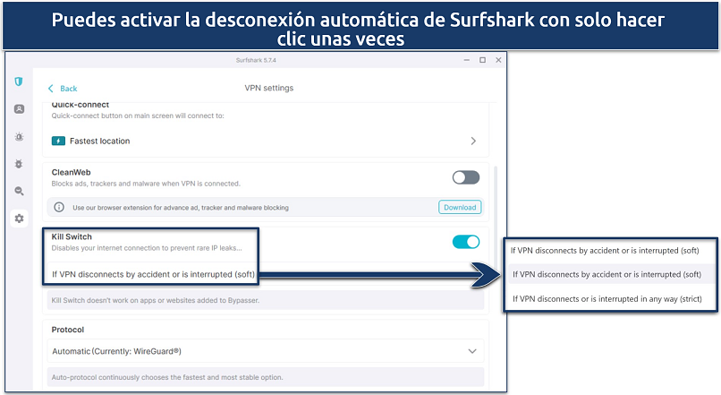 Captura de pantalla de la aplicación Windows de Surfshark que muestra las opciones de desconexión automática suave o estricta