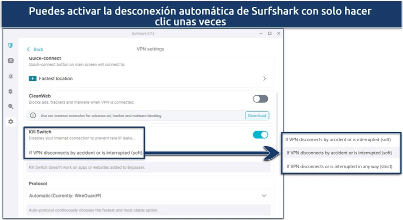 Captura de pantalla de la aplicación Windows de Surfshark que muestra las opciones de desconexión automática suave o estricta