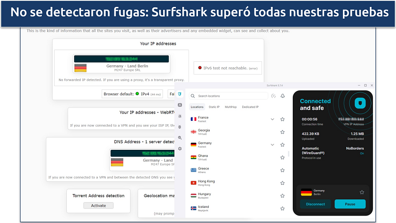 Captura de pantalla de los resultados de la prueba de fugas en el servidor alemán de Surfshark