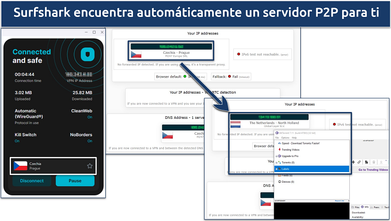 Captura de pantalla de Surfshark conectándose automáticamente a un servidor P2P al abrir la aplicación de BitTorrent