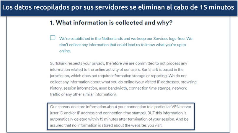 Captura de pantalla de la política de privacidad de Surfshark en la que se destaca la recopilación de datos