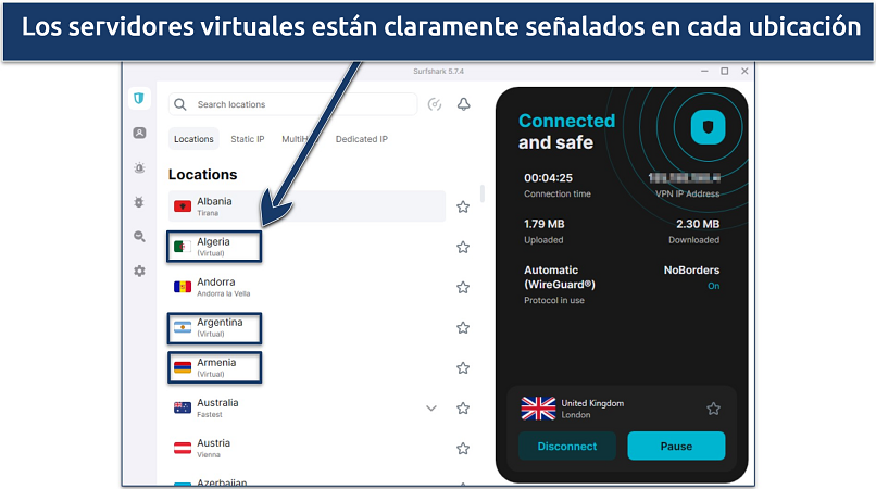 Captura de pantalla de la aplicación de Windows de Surfshark en la que se muestran los servidores virtuales