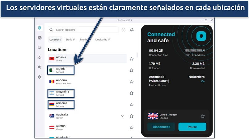 Captura de pantalla de la aplicación de Windows de Surfshark en la que se muestran los servidores virtuales