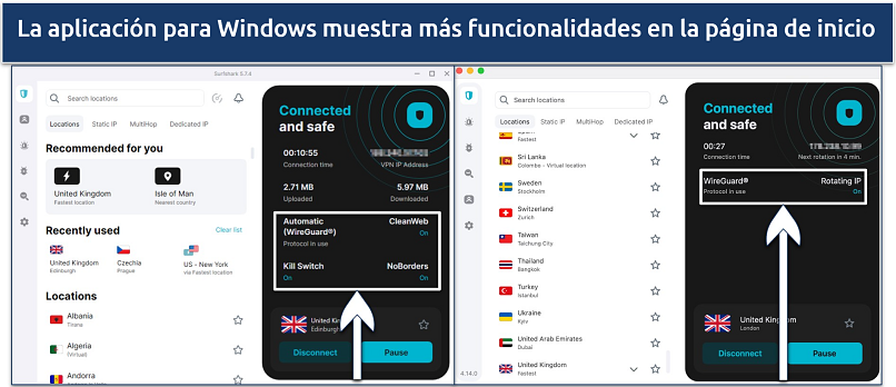 Capturas de pantalla que comparan las aplicaciones de Surfshark para Windows y macOS