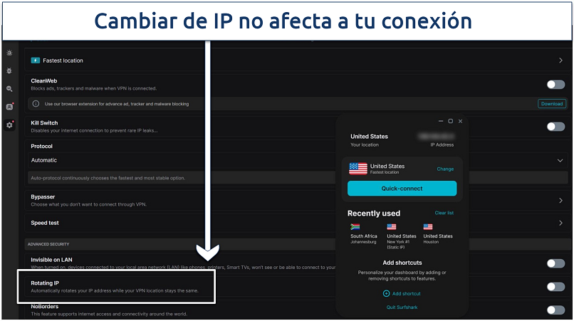 A screenshot showing Surfshark's Rotating IP feature that refreshes IP addresses every few minutes