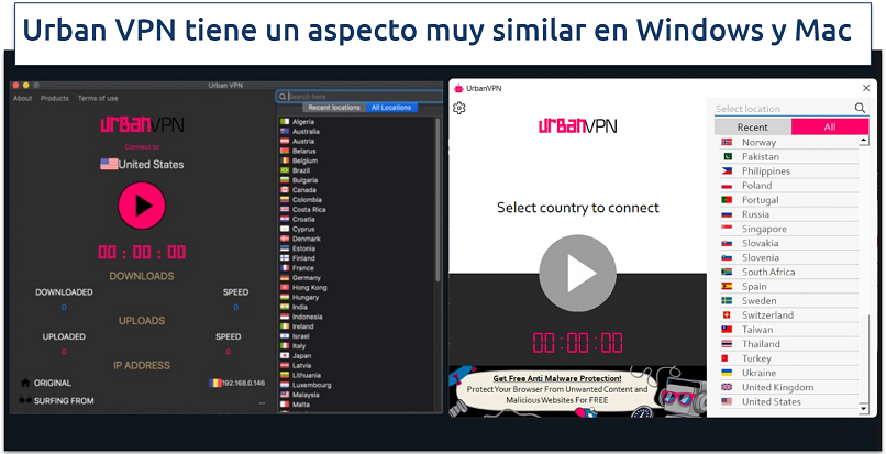 Screenshots of UrbanVPN macOS and Windows interfaces