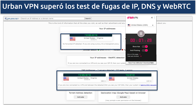 Screenshot of the Urban VPN extension leak tests