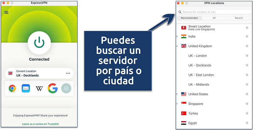 Captura de pantalla mostrando cómo buscar un servidor en ExpressVPN