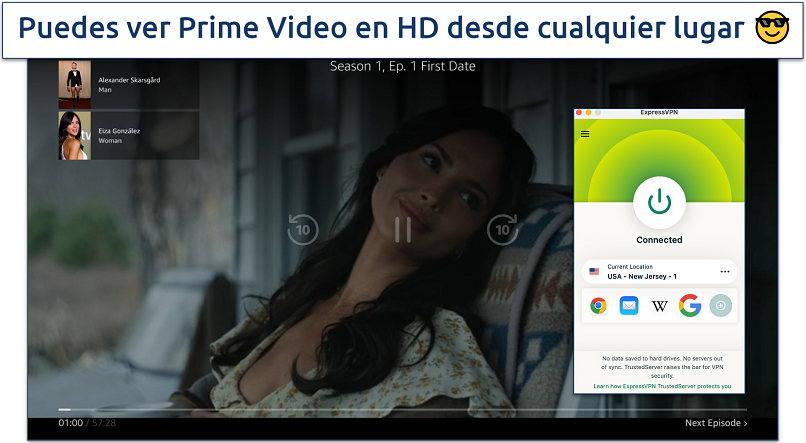 Captura de pantalla de Prime Video reproduciendo contenido con ExpressVPN conectada