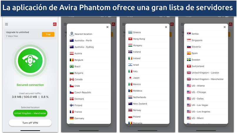 Screenshot of Avira Phantom VPN mobile iOS app showing server network