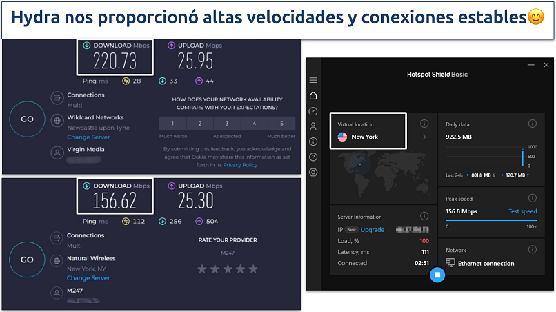 Screenshot of Hotspot Shield's speed test results