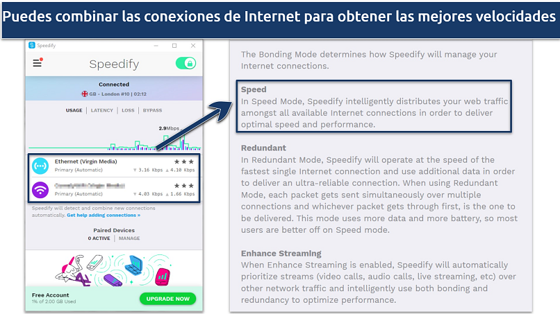 Screenshot of Speedify's free Windows app showing the Bonding feature