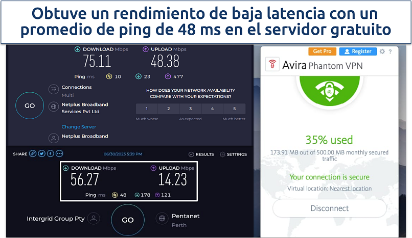 Screenshot of Avira Phantom VPN's speed tests