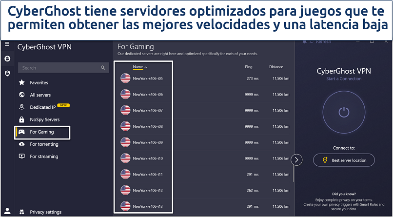 Screenshot of CyberGhost's gaming servers
