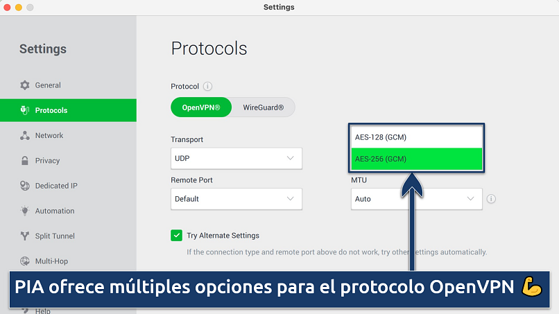 Screenshot showing how to switch encryption levels on the PIA app