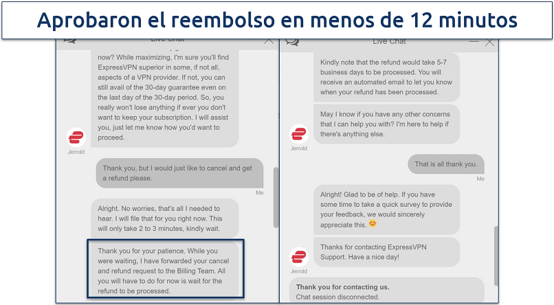 Screenshot of a conversation with ExpressVPN customer support where they approved our cancellation and refund