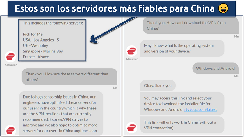 Screenshot showing a conversation with ExpressVPN live char support regarding the VPN use in China