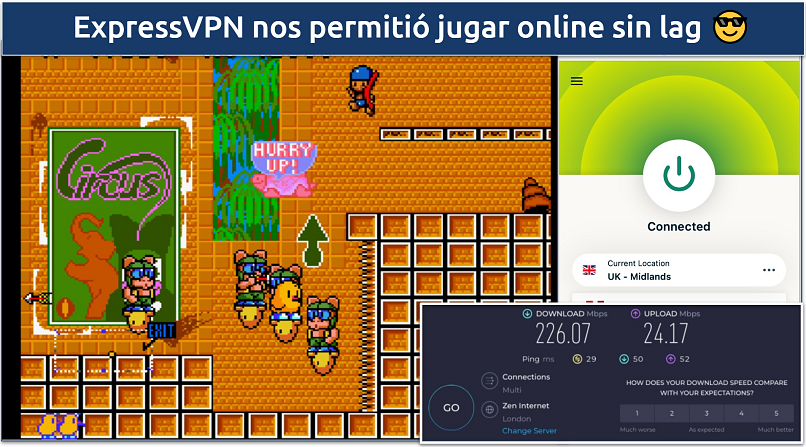 Screenshot showing the ExpressVPN app connected to a UK server over a retro game