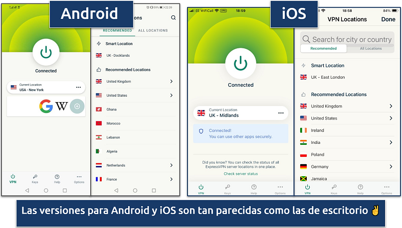 Screenshots of the Android and iOS ExpressVPN apps