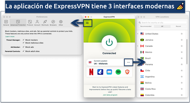 Screenshot showing the 3 interfaces of the ExpressVPN app