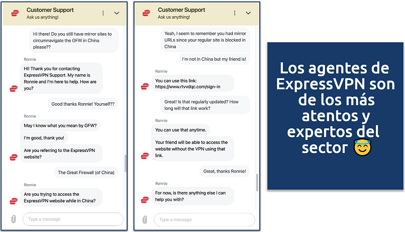 Screenshot showing a chat with the ExpressVPN customer service