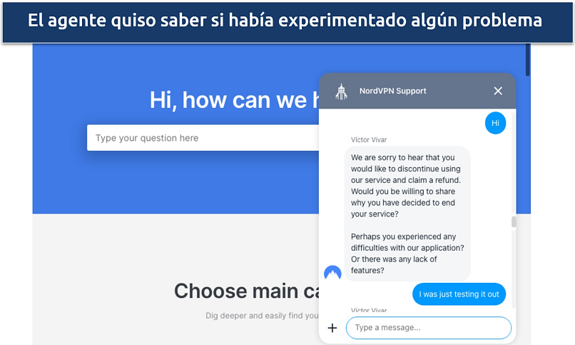 Captura de pantalla de una conversación con el agente de NordVPN durante la solicitud de reembolso