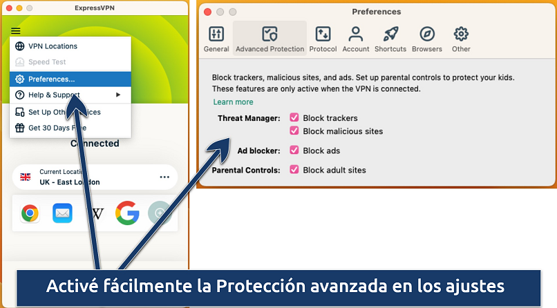 Captura de pantalla de los ajustes de Protección avanzada en la aplicación de ExpressVPN