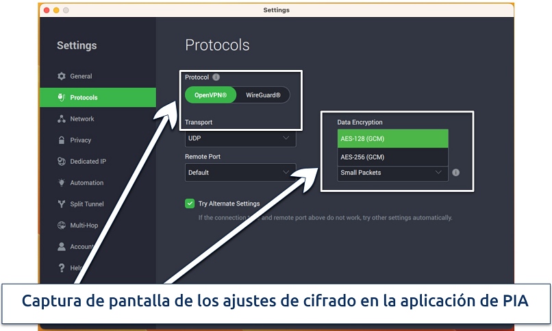 Captura de pantalla de los ajustes de cifrado en la aplicación de PIA