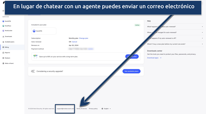 Captura de pantalla de la cuenta de usuario de NordVPN y la dirección de correo electrónico de asistencia al cliente