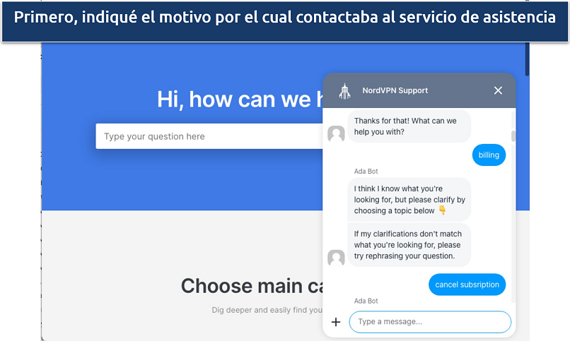 Captura de pantalla del chat de NordVPN al iniciar el reembolso