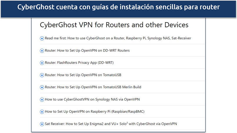 Captura de pantalla de la página de guías de instalación de routers de CyberGhost