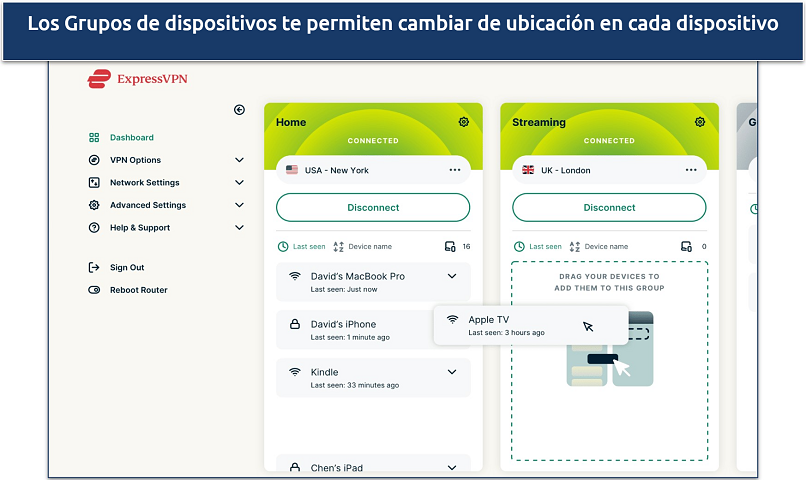 Captura de pantalla mostrando cómo usar los Grupos de Dispositivos de ExpressVPN