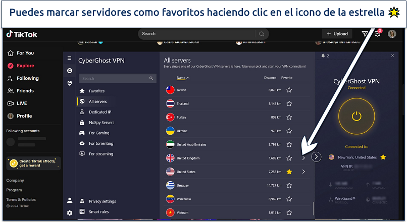 Screenshot of TikTok's explore page with CyberGhost connected to the US