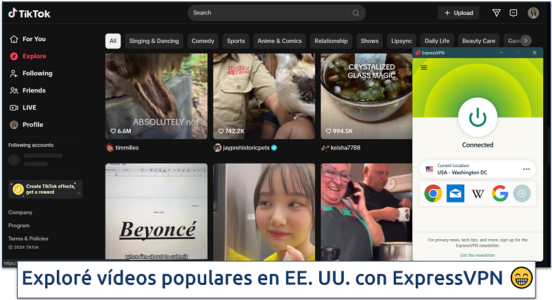 Screenshot of TikTok's explore page with ExpressVPN connected to the US