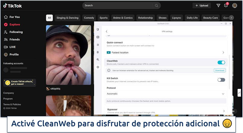 Screenshot of TikTok's Explore page with Surfshark's VPN settings visible