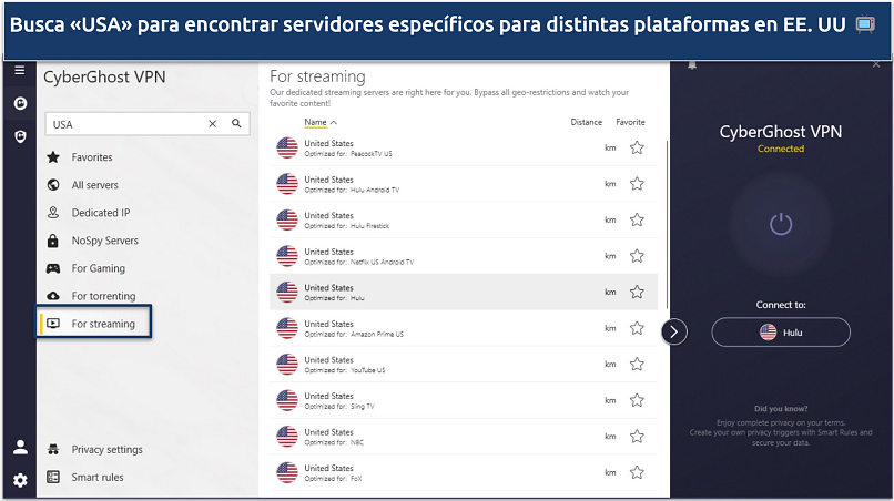 Captura de pantalla de la aplicación de CyberGhost para Windows que muestra servidores de streaming en EE. UU.