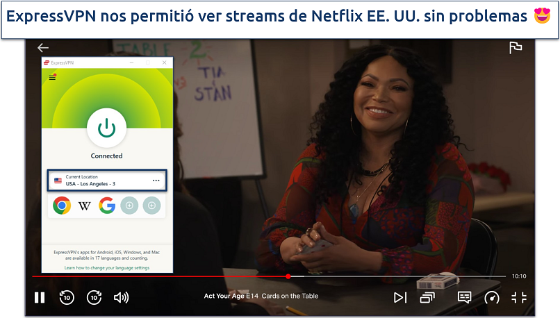 Captura de pantalla de ExpressVPN reproduciendo Netflix EE. UU. en un servidor de Los Ángeles