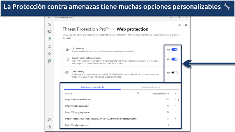 Captura de pantalla de la aplicación de NordVPN para Windows mostrando la configuración de Protección contra amenazas y la protección web