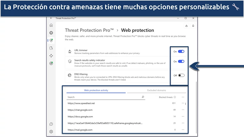 Captura de pantalla de la aplicación de NordVPN para Windows mostrando la configuración de Protección contra amenazas y la protección web
