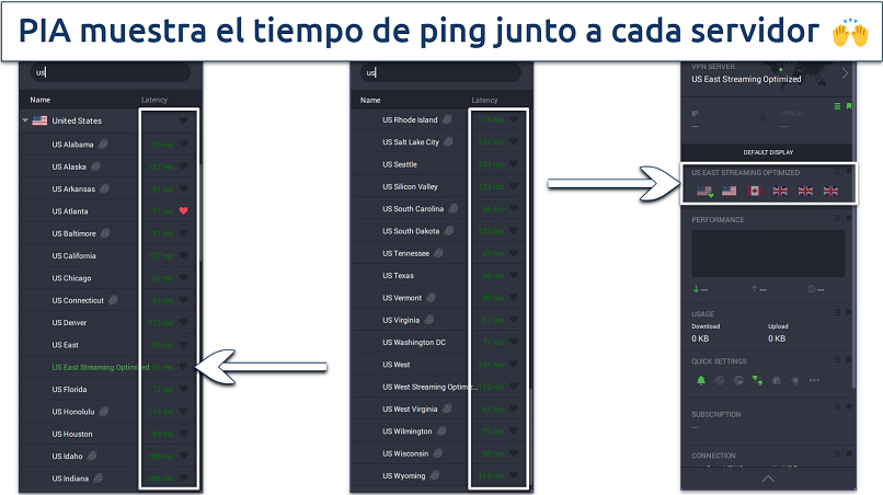 Captura de pantalla de la aplicación de ordenador de PIA que muestra la lista de servidores y la configuración rápida